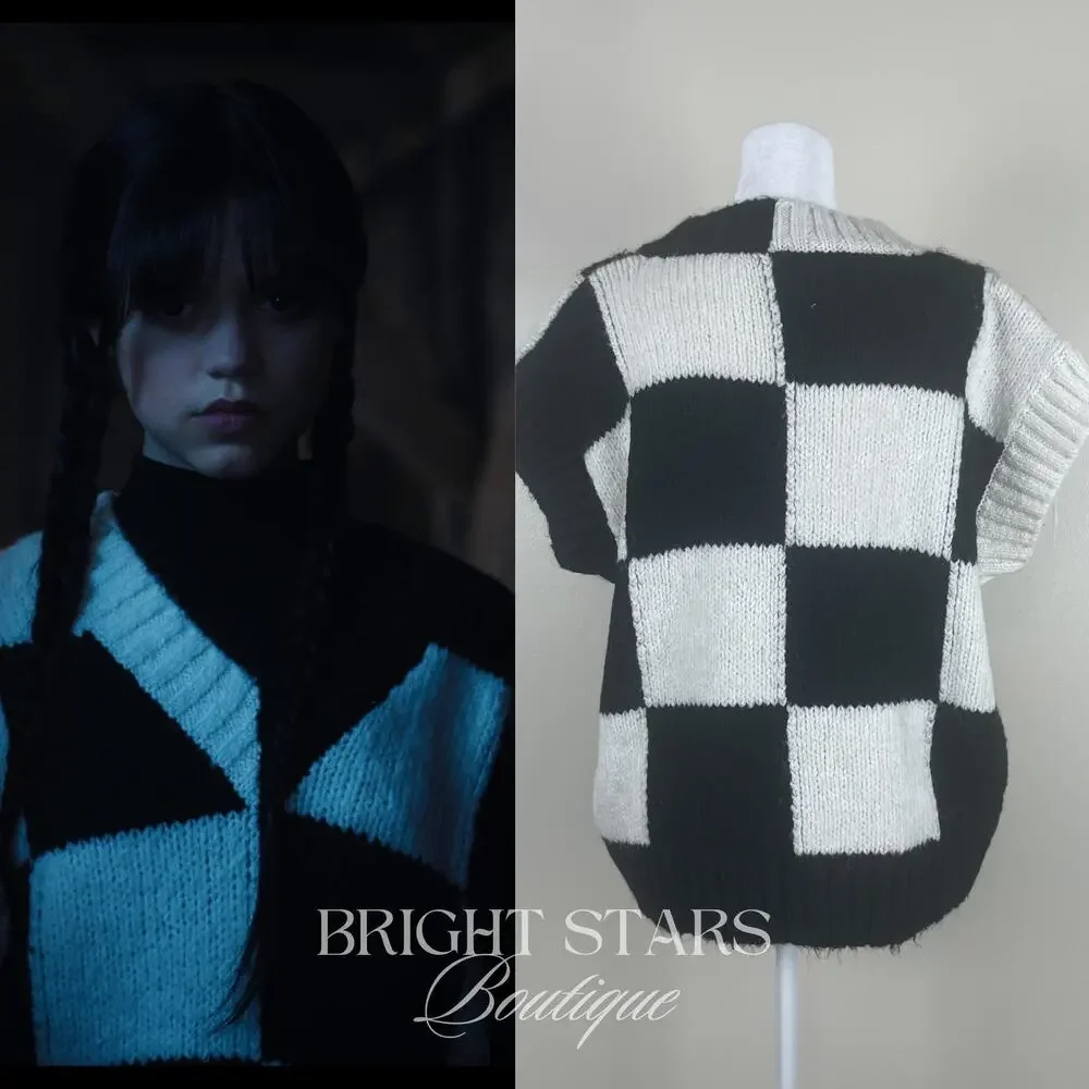 Rare Checkerboard Sweater Vest ASO Wednesday Addams Black White Cosplay